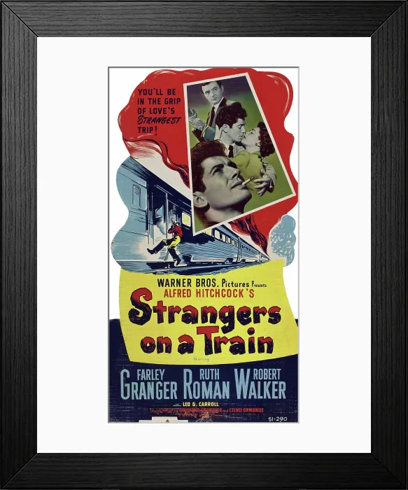 Framed Print : STRANGERS ON A TRAIN, US poster, clockwise from top right: Robert Walker, Farley Granger, Ruth Roman, Farley Granger, 1951