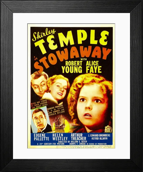 Framed Print : STOWAWAY, top from left: Robert Young, Alice Faye, Shirley Temple, bottom left: Arthur Treacher on window card, 1936, TM and Copyright 20th Century Fox Film Corp