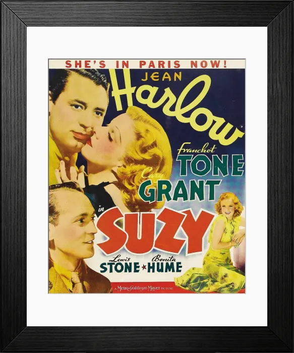 Framed Print : SUZY, left from top: Franchot Tone, Jean Harlow, Lewis Stone, right: Benita Hume on window card, 1936