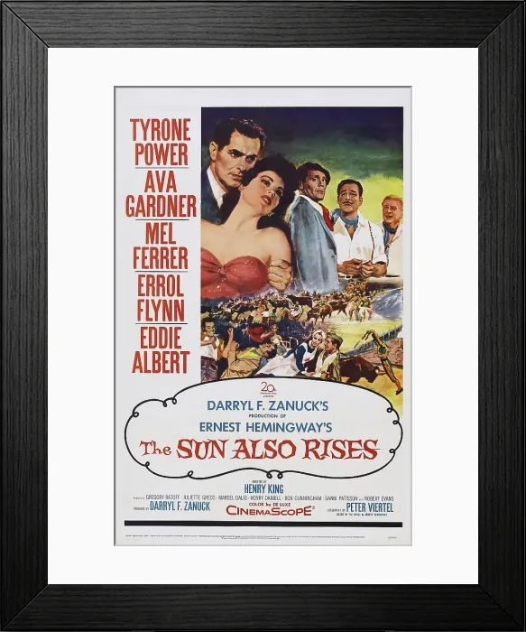 Framed Print : THE SUN ALSO RISES, from left: Tyrone Power, Ava Gardner, Mel Ferrer, Errol Flynn, Eddie Albert on poster art, 1957, TM and Copyright 20th Century Fox Film Corp