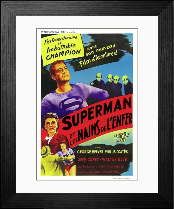 Framed Print : SUPERMAN AND THE MOLE-MEN, (aka SUPERMAN ET LES NAINS DE L'ENFER), top left: George Reeves, Phyllis Coates on French poster art, 1951