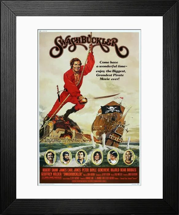 Framed Print : SWASHBUCKLER, top: Robert Shaw, bottom l-r: Robert Shaw, James Earl Jones, Peter Boyle, Genevieve Bujold, Beau Bridges, Geoffrey Holder on poster art, 1976 Framed Print : SWASHBUCKLER, top: Robert Shaw, bottom l-r: Robert Shaw, James Earl Jones, Peter Boyle, Genevieve Bujold, Beau Bridges, Geoffrey Holder on poster art, 1976