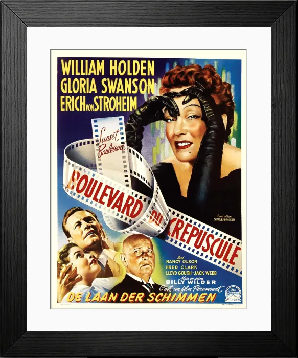 Framed Print : SUNSET BOULEVARD, (aka BOULEVARD DU CREPUSCULE), top right: Gloria Swanson, bottom from left: Nancy Olson, William Holden, Erich von Stroheim on French poster art, 1950