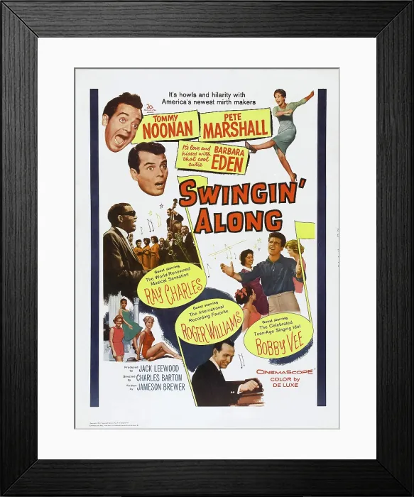 Framed Print : SWINGIN ALONG, US poster art, clockwise from top left: Tommy Noonan, Peter Marshall, Barbara Eden, Bobby Vee, Roger Williams, Ray Charles, 1961
