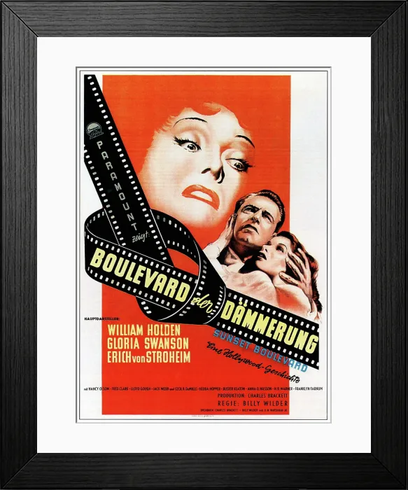 Framed Print : SUNSET BOULEVARD, (aka BOULEVARD DER DAMMERUNG), from left: Gloria Swanson, William Holden, Nancy Olson on German poster art, 1950 Framed Print : SUNSET BOULEVARD, (aka BOULEVARD DER DAMMERUNG), from left: Gloria Swanson, William Holden, Nancy Olson on German poster art, 1950