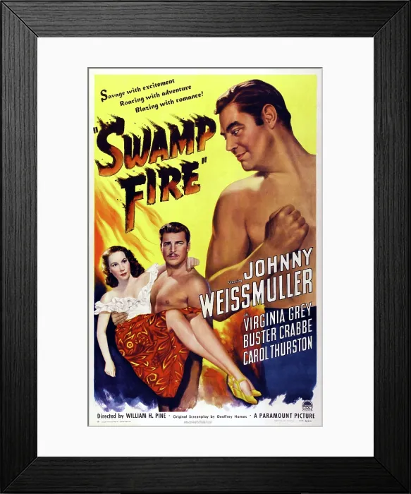 Framed Print : SWAMP FIRE, US poster, from left: Carol Thurston, Buster Crabbe, Johnny Weissmuller, 1946