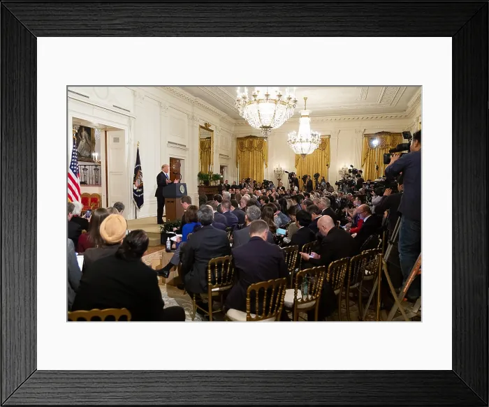 Framed Print : President Donald Trump holds a contentious press conference regarding the midterm election results Wednesday, Nov. 7, 2018, in the East Room of the White House (BSLOC_2018_9_198)