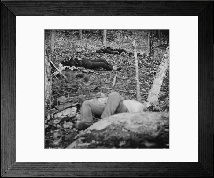 Framed Print : US Civil War. Battle of Gettysburg, July 1-3, 1863. Four Confederate dead soldiers in the woods near Big Round Top, named The Slaughter Pen Framed Print : US Civil War. Battle of Gettysburg, July 1-3, 1863. Four Confederate dead soldiers in the woods near Big Round Top, named The Slaughter Pen