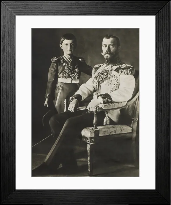 Framed Print : Czar Nicholas II, and son and heir apparent, Alexis c. 1914. Both wear military uniforms with abundant medals (BSLOC_2018_3_33)