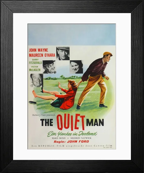Framed Print : THE QUIET MAN, top l-r: Victor McLaglen, Barry Fitzgerald, John Wayne, Maureen O'Hara, bottom l-r: Maureen O'Hara, John Wayne on German poster art, 1952 Framed Print : THE QUIET MAN, top l-r: Victor McLaglen, Barry Fitzgerald, John Wayne, Maureen O'Hara, bottom l-r: Maureen O'Hara, John Wayne on German poster art, 1952