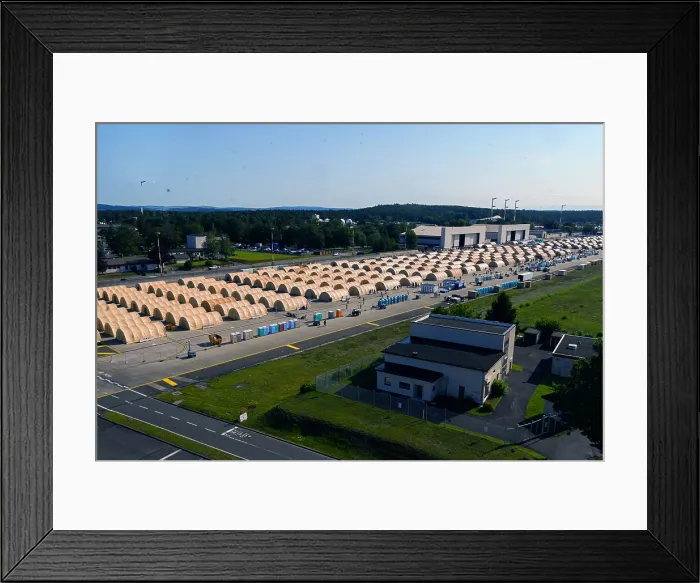 Framed Print : Half barrel-shaped tents awaiting Afghan evacuees stand on a paved area the US Ramstein Air Base, Germany, Aug. 24, 2021 Framed Print : Half barrel-shaped tents awaiting Afghan evacuees stand on a paved area the US Ramstein Air Base, Germany, Aug. 24, 2021