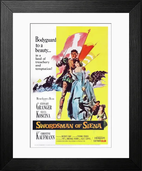 Framed Print : SWORDSMAN OF SIENA, (aka LA CONGIURA DEI DIECI), US poster art, from left: Stewart Granger, Sylva Koscina, 1962