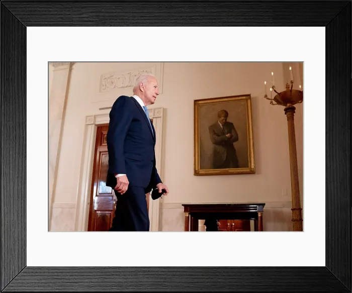 Framed Print : President Joe Biden passes by Aaron Shiklers painting of John F