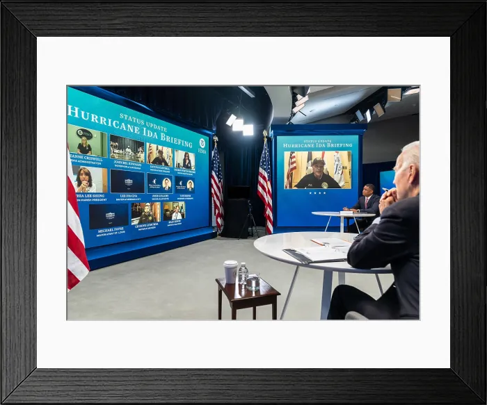 Framed Print : President Joe Biden holds a virtual briefing with FEMA Administrator Deanne Criswell and Louisiana and Mississippi Governors and Mayors to assist recovery from Hurricane Ida, Aug Framed Print : President Joe Biden holds a virtual briefing with FEMA Administrator Deanne Criswell and Louisiana and Mississippi Governors and Mayors to assist recovery from Hurricane Ida, Aug