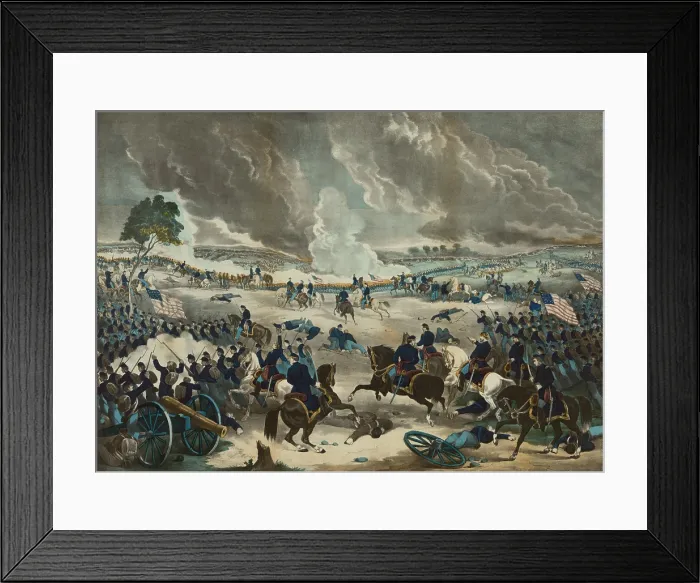 Framed Print : US Civil War. Battle of Gettysburg, July 1-3, 1863. Ranks of Union troops advance from the right, following others, toward a long battle line extending over rolling hills Framed Print : US Civil War. Battle of Gettysburg, July 1-3, 1863. Ranks of Union troops advance from the right, following others, toward a long battle line extending over rolling hills