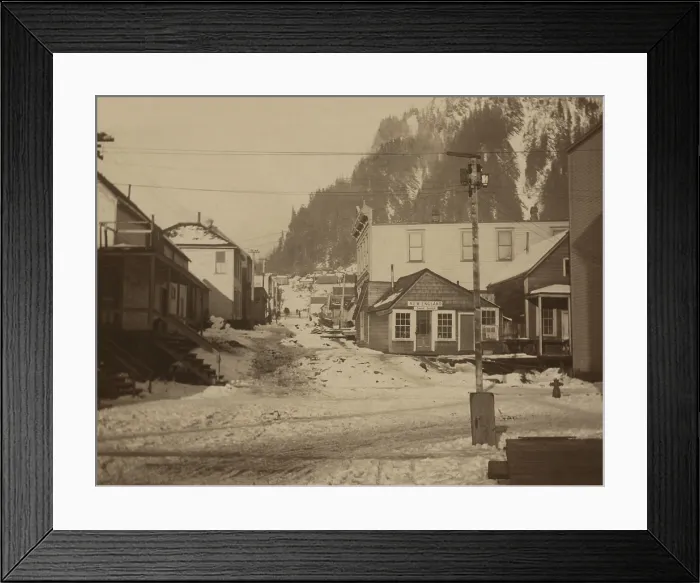 Framed Print : Street scene in Juneau, Alaska, in 1897 photo by F.D. Fujiwara. Goldminers founded Juneau 1880, when it was 160 acres of land covered by miners tents and shacks (BSLOC_2018_3_57)