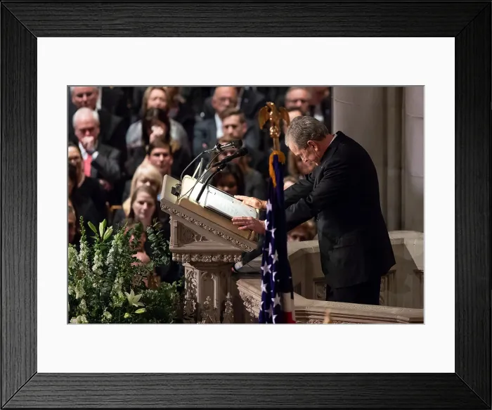 Framed Print : Former President George W. Bush collects his emotions during his eulogy for his father, former President George H.W. Bush