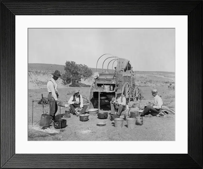 Framed Print : Four men eating at a chuck wagon on a Texas ranch, c. 1900. Photo by Willian Henry Jackson (BSLOC_2018_3_63) Framed Print : Four men eating at a chuck wagon on a Texas ranch, c. 1900. Photo by Willian Henry Jackson (BSLOC_2018_3_63)