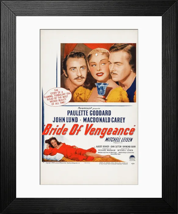 Framed Print : BRIDE OF VENGEANCE, US poster art, top from left: Macdonald Carey, Paulette Goddard, John Lund, Paulette Goddard (bottom), 1949