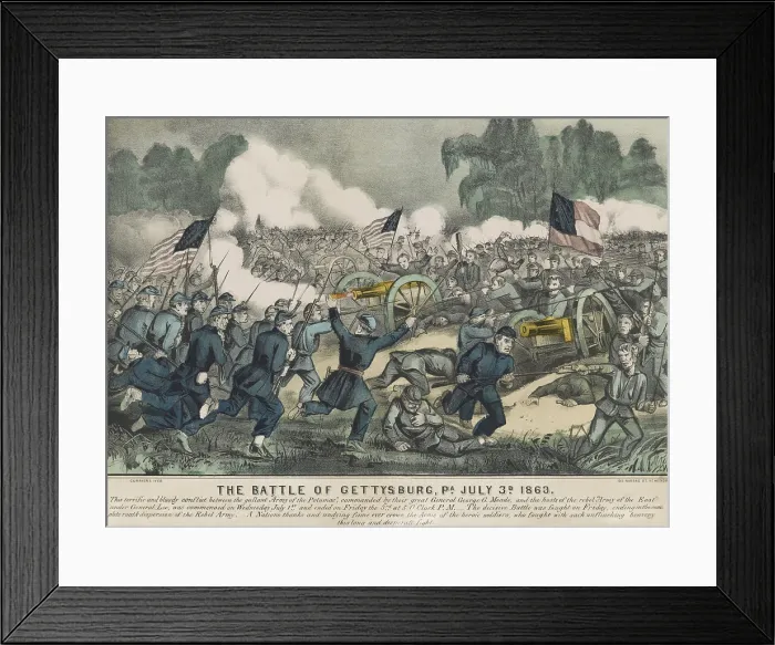 Framed Print : US Civil War. Battle of Gettysburg, July 1-3, 1863. Popular print for Northern audiences depicts Union soldiers in a running charge against Confederate soldiers and artillery
