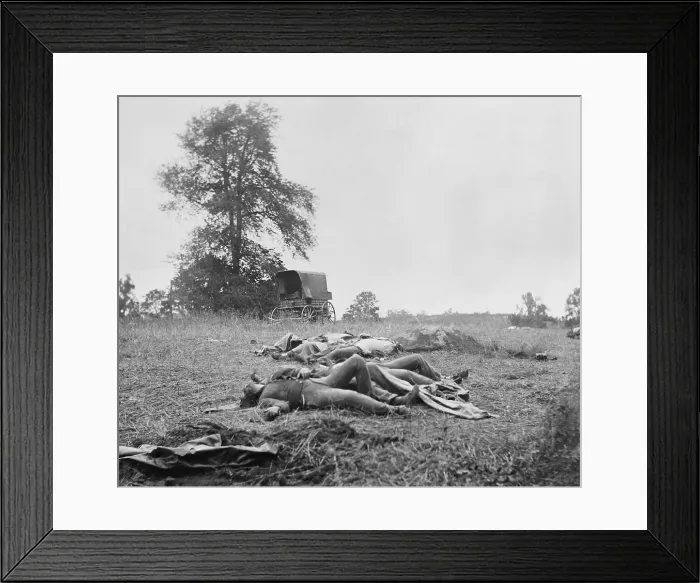 Framed Print : US Civil War. Aftermath of the Battle of Gettysburg, July 1-3, 1863. Confederate dead gathered for burial, on the Gettysburg battlefield, July 5, 1863