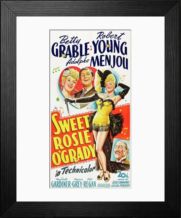 Framed Print : SWEET ROSIE O'GRADY, top l-r: Betty Grable, Robert Young, Betty Grable, bottom: Adolphe Menjou on poster art, 1943, TM and Copyright 20th Century Fox Film Corp