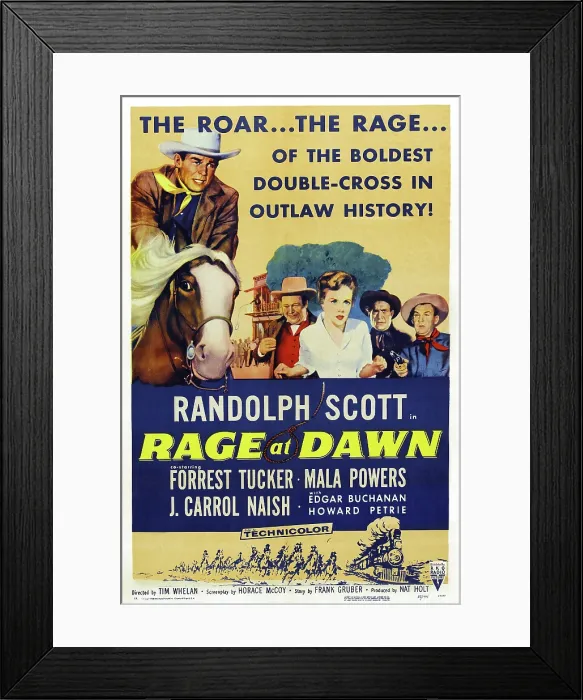 Framed Print : RAGE AT DAWN, from left: Randolph Scott, Edgar Buchanan, Mala Powers, J. Carrol Naish, Frorrest Tucker, 1955
