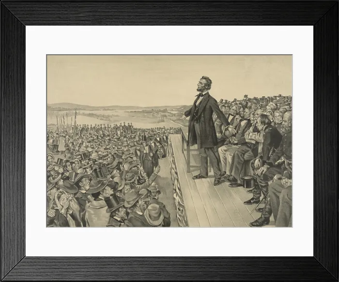 Framed Print : Abraham Lincoln standing on stage, gesturing with his arms while delivering the Gettysburg address, Nov. 19, 1863. Behind him are other speakers and dignitaries Framed Print : Abraham Lincoln standing on stage, gesturing with his arms while delivering the Gettysburg address, Nov. 19, 1863. Behind him are other speakers and dignitaries