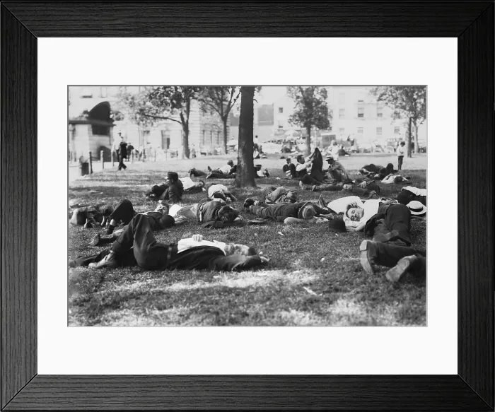 Framed Print : Downtown workers relaxing in New York Harbor's cooling breeze on a hot day. Battery Park, c. 1915 (BSLOC_2018_3_96) Framed Print : Downtown workers relaxing in New York Harbor's cooling breeze on a hot day. Battery Park, c. 1915 (BSLOC_2018_3_96)