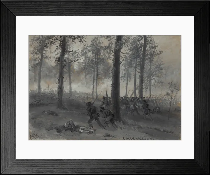 Framed Print : US Civil War. Battle of Chickamauga, Sept. 19, 1863. Confederate line advancing through forest toward Union troops at twilight, Sept 19, 1863 Framed Print : US Civil War. Battle of Chickamauga, Sept. 19, 1863. Confederate line advancing through forest toward Union troops at twilight, Sept 19, 1863