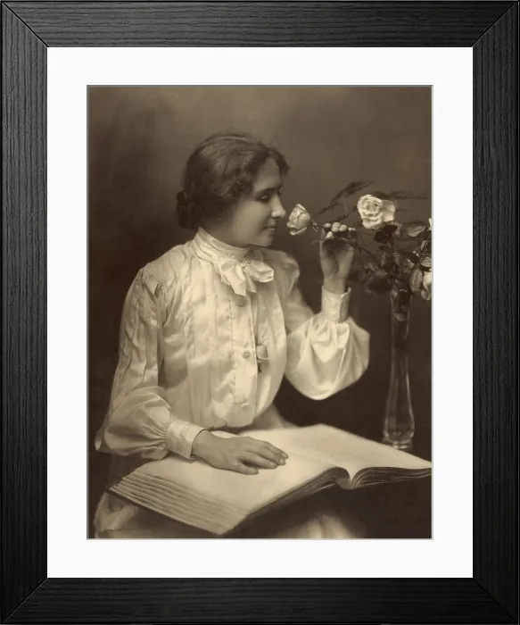 Framed Print : Helen Keller seated with her hand on braille book as she smells a rose in a vase, 1904