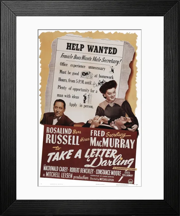 Framed Print : TAKE A LETTER, DARLING, US poster art, from left: Robert Benchley, Fred MacMurray, Rosalind Russell, 1942 Framed Print : TAKE A LETTER, DARLING, US poster art, from left: Robert Benchley, Fred MacMurray, Rosalind Russell, 1942