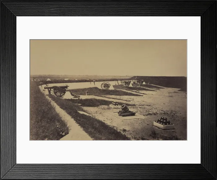 Framed Print : Guns and ammunition inside of Fort Carrol, near Giesboro, Washington, DC. It was one of 68 forts and batteries guarding Washington, DC during the US Civil War, 1861-65