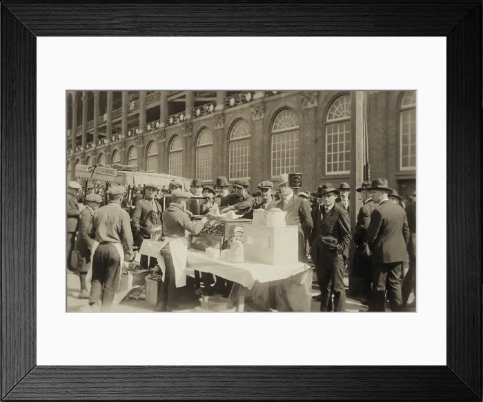Framed Print : Brooklyn Dodgers fans buy hots dogs while waiting for Ebbets Field to open, Oct. 6, 1920 Framed Print : Brooklyn Dodgers fans buy hots dogs while waiting for Ebbets Field to open, Oct. 6, 1920