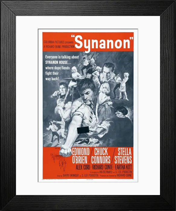 Framed Print : SYNANON, US poster art, Richard Conte (cigarette left), Edmond O'Brien (top head), Alex Cord (arm outstretched), Stella Stevens (bare shoulder), Eartha Kitt (bottom right)