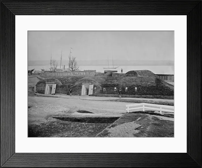 Framed Print : Two sentries guard the bomb proofs of Battery Rogers, south west of Washington, DC, during the US Civil War. The shelters provided protection from hostile bombardment Framed Print : Two sentries guard the bomb proofs of Battery Rogers, south west of Washington, DC, during the US Civil War. The shelters provided protection from hostile bombardment