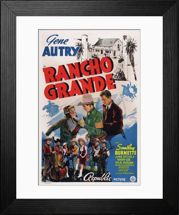 Framed Print : RANCHO GRANDE, US poster art, top row from left: Mary Lee, Gene Autry, Dick Hogan; bottom row fourth from left: Gene Autry; bottom row third right: June Storey, 1940 Framed Print : RANCHO GRANDE, US poster art, top row from left: Mary Lee, Gene Autry, Dick Hogan; bottom row fourth from left: Gene Autry; bottom row third right: June Storey, 1940