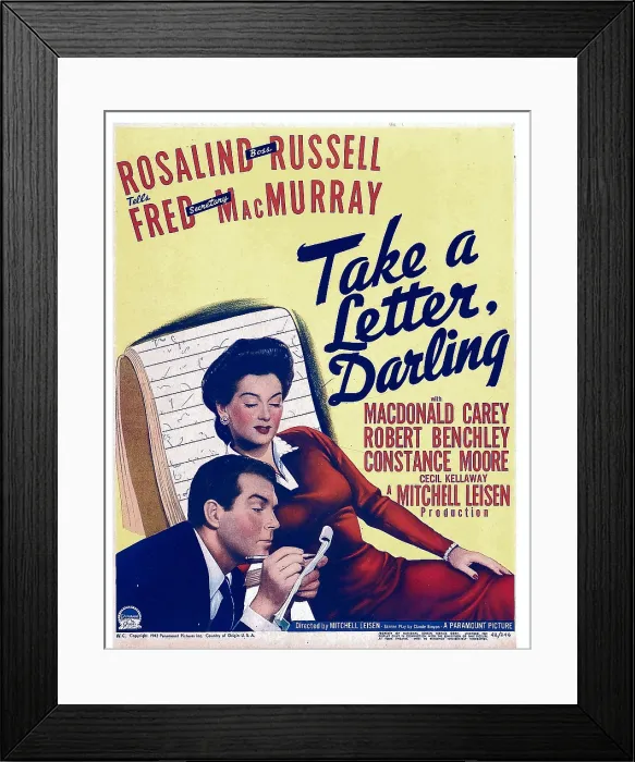 Framed Print : TAKE A LETTER, DARLING, from left: Fred MacMurray, Rosalind Russell on window card, 1942 Framed Print : TAKE A LETTER, DARLING, from left: Fred MacMurray, Rosalind Russell on window card, 1942