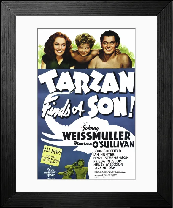 Framed Print : TARZAN FINDS A SON!, Maureen O'Sullivan, John Sheffield, Johnny Weissmuller, 1939
