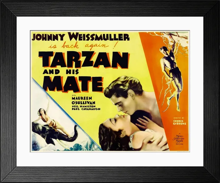 Framed Print : TARZAN AND HIS MATE, left: Maureen O'Sullivan, center from left: Maureen O'Sullivan, Johnny Weissmuller, right: Johnny Weissmuller, 1934