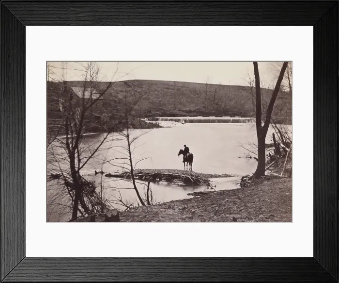 Framed Print : Bull Run River in March 1862, 8 months after the First Battle of Bull Run (First Manassas). A horse and rider stand at wide water, with a low dam in the background Framed Print : Bull Run River in March 1862, 8 months after the First Battle of Bull Run (First Manassas). A horse and rider stand at wide water, with a low dam in the background