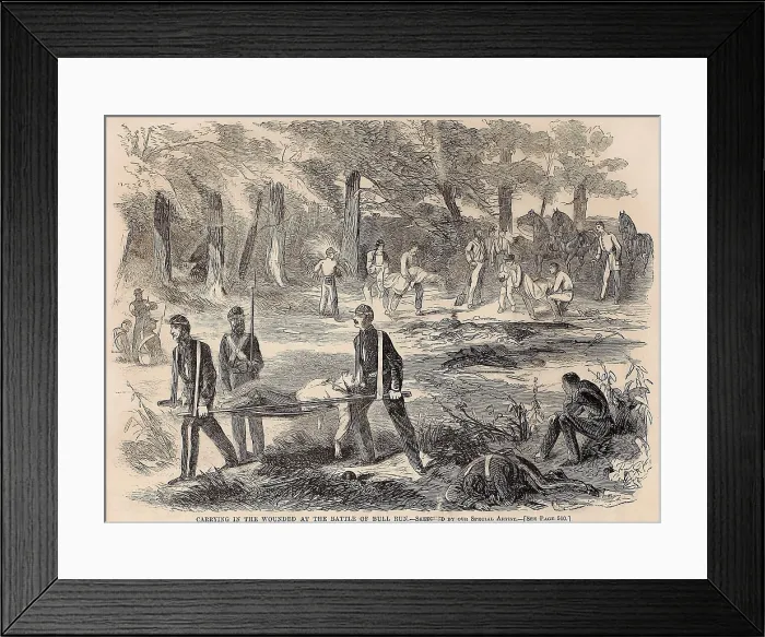 Framed Print : First Battle of Bull Run, (First Manassas), July 21, 1861. Soldier carrying Union wounded to field hospitals after the Battle of Bull Run, July 21, 1861