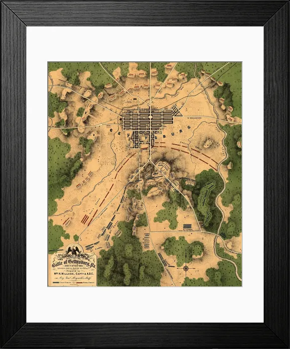 Framed Print : US Civil War. Battle of Gettysburg, July 1-3, 1863. Map of the Battle of Gettysburg, Pennsylvania, showing line of battle on the afternoon of July 2, 1863