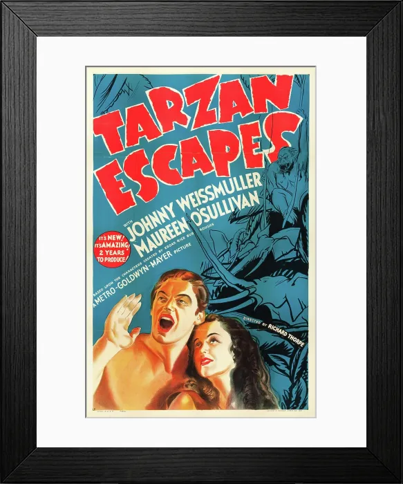 Framed Print : TARZAN ESCAPES, from left: Johnny Weissmuller, Maureen O'Sullivan, poster art, 1936