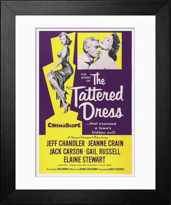 Framed Print : THE TATTERED DRESS, US poster art, from right: Elaine Stewart, Jeff Chandler, Jeanne Crain, 1957 Framed Print : THE TATTERED DRESS, US poster art, from right: Elaine Stewart, Jeff Chandler, Jeanne Crain, 1957