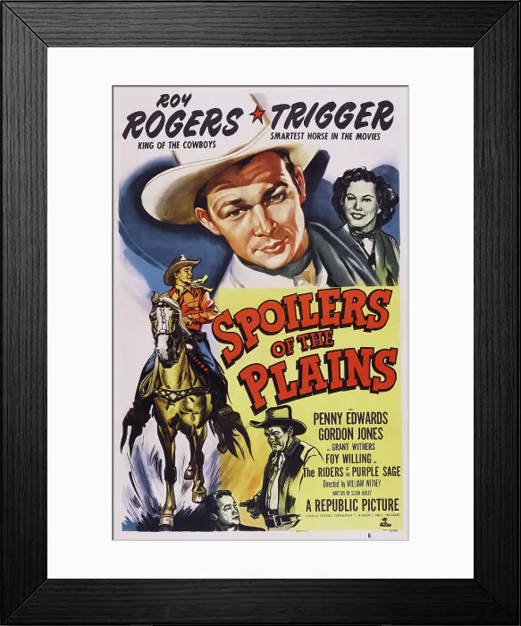 Framed Print : SPOILERS OF THE PLAINS, top l-r: Roy Rogers, Penny Edwards, bottom l-r: Roy Rogers, Trigger, Grant Withers on poster art, 1951