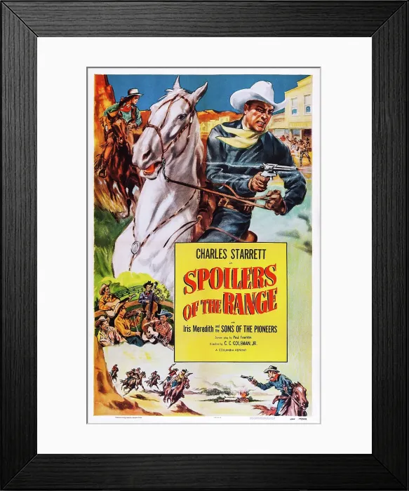 Framed Print : SPOILERS OF THE RANGE, US poster, top from left: Iris Meredith, Charles Starrett, Sons of the Pioneers (center left), 1939 Framed Print : SPOILERS OF THE RANGE, US poster, top from left: Iris Meredith, Charles Starrett, Sons of the Pioneers (center left), 1939