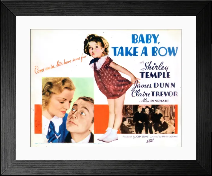 Framed Print : BABY TAKE A BOW, lobbycard, large figures, from left: Claire Trevor, James Dunn, Shirley Temple, 1934 TM and Copyright 20th Century Fox Film Corp. All rights reserved
