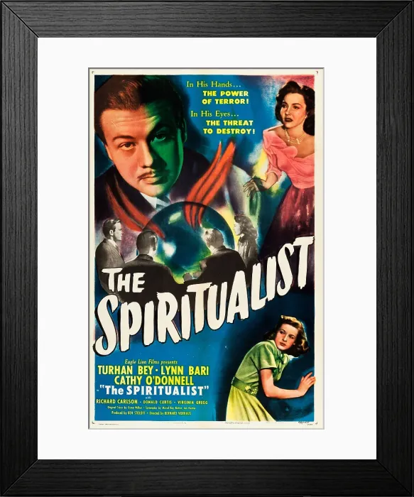 Framed Print : THE AMAZING MR. X, (aka THE SPIRITUALIST), US poster, top left: Turhan Bey, top right: Lynn Bari, bottom right: Cathy O'Donnell, 1948
