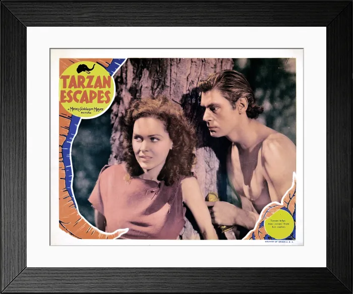Framed Print : TARZAN ESCAPES, from left, Maureen O'Sullivan, Johnny Weissmuller, 1936 Framed Print : TARZAN ESCAPES, from left, Maureen O'Sullivan, Johnny Weissmuller, 1936